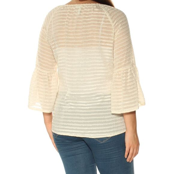 KENSIE Womens Ivory Textured Striped Bell Sleeve Keyhole Top Size: S - Picture 3 of 3